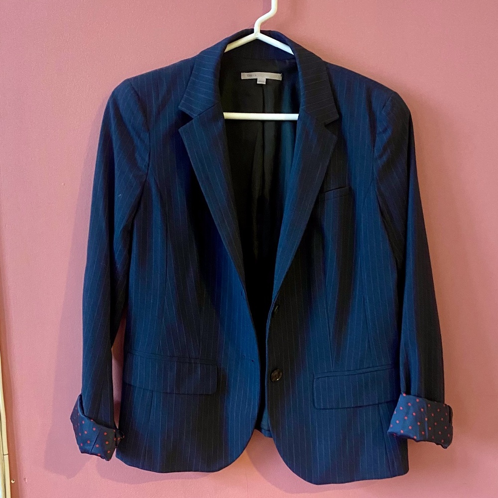 Gap Blue Pinstriped Blazer with Polkadot Cuffs Size 8